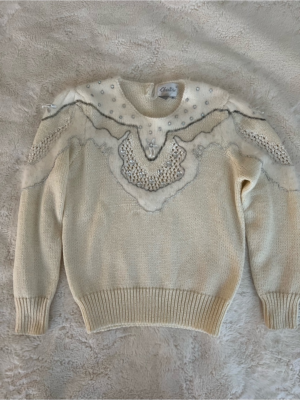 Vintage Angora and Rabbit Cream Embellished Scoop-Neck Sweater